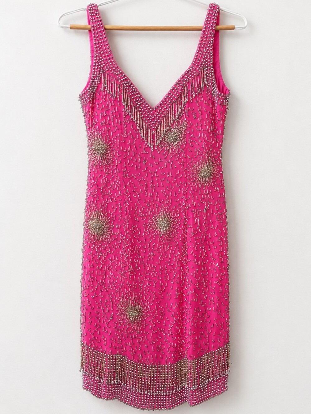 Vintage Beaded Fringe Hot Pink Mini Dress